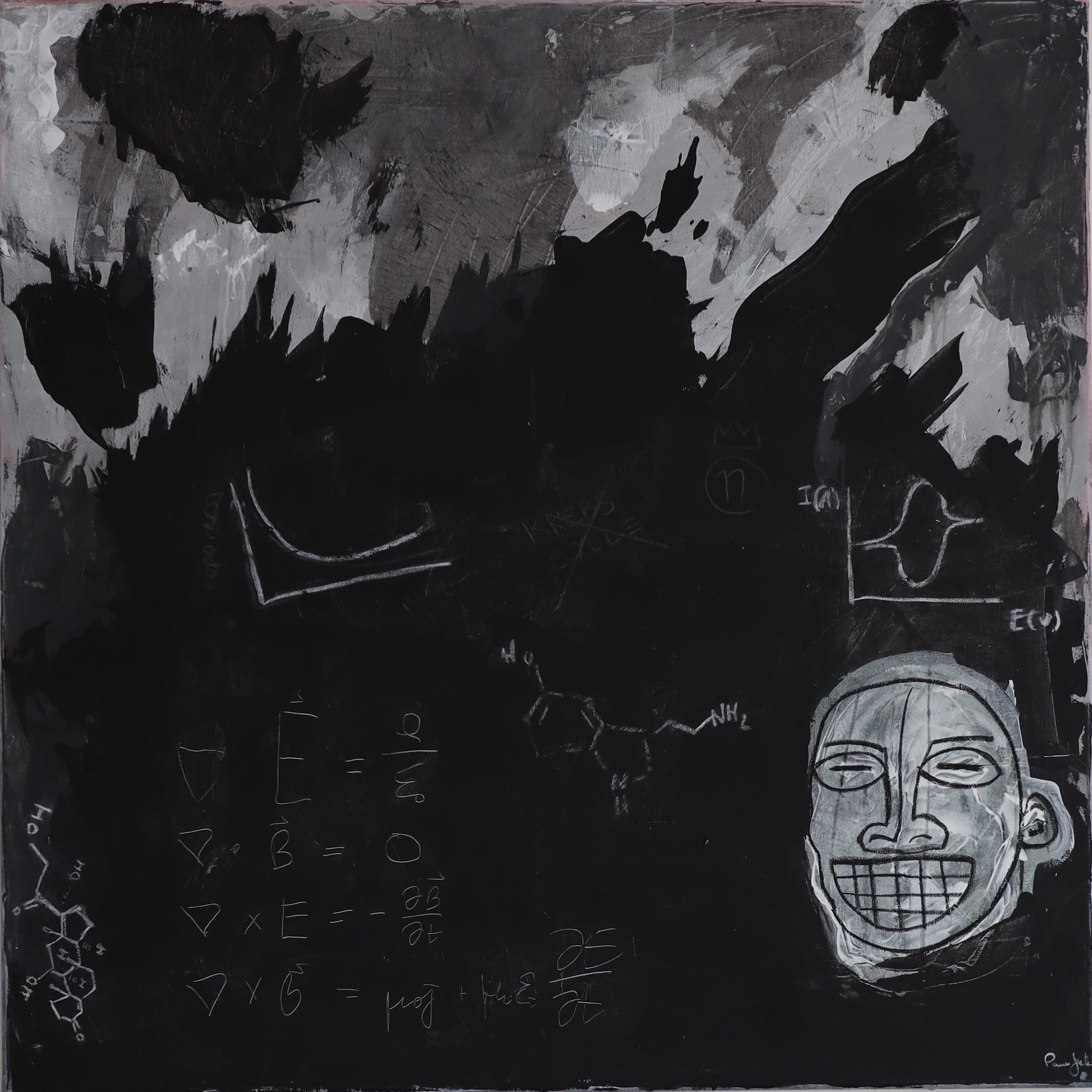 Charcoal-grey abstract painting with equations and a masked face
