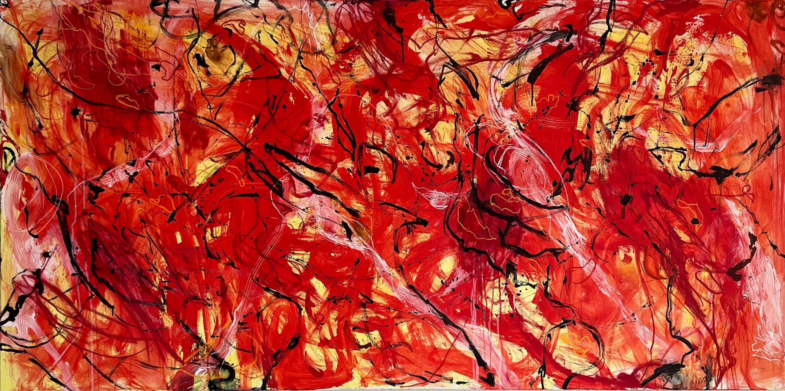Wide red, orange, and yellow abstract painting with dense black scrawled linework and drips